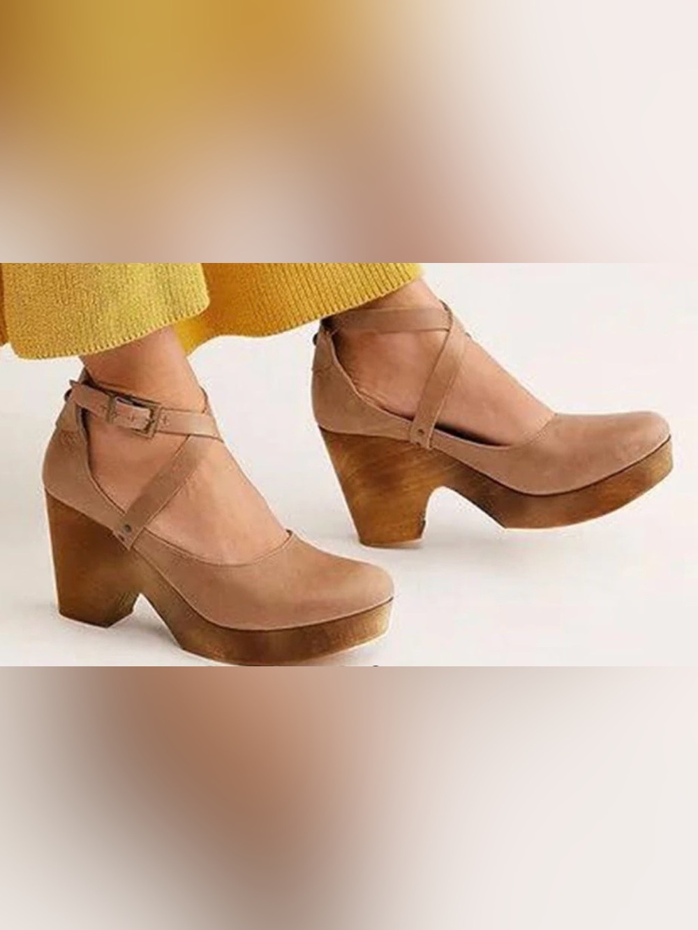 Closed-Toe Ankle-Strap Wedge Heels in Tan
